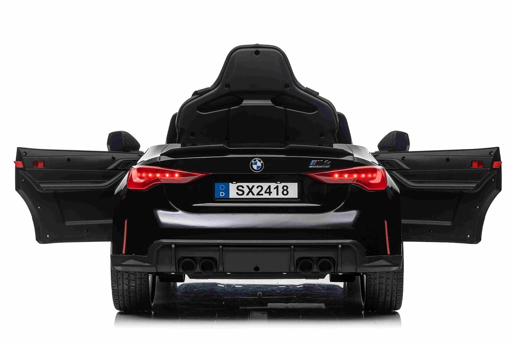 Voiture électrique à conducteur porté BMW M4, noire, télécommande 2,4 GHz, entrée USB / Aux, suspension, batterie 12V, lumières LED, 2 X moteur, licence ORIGINALE