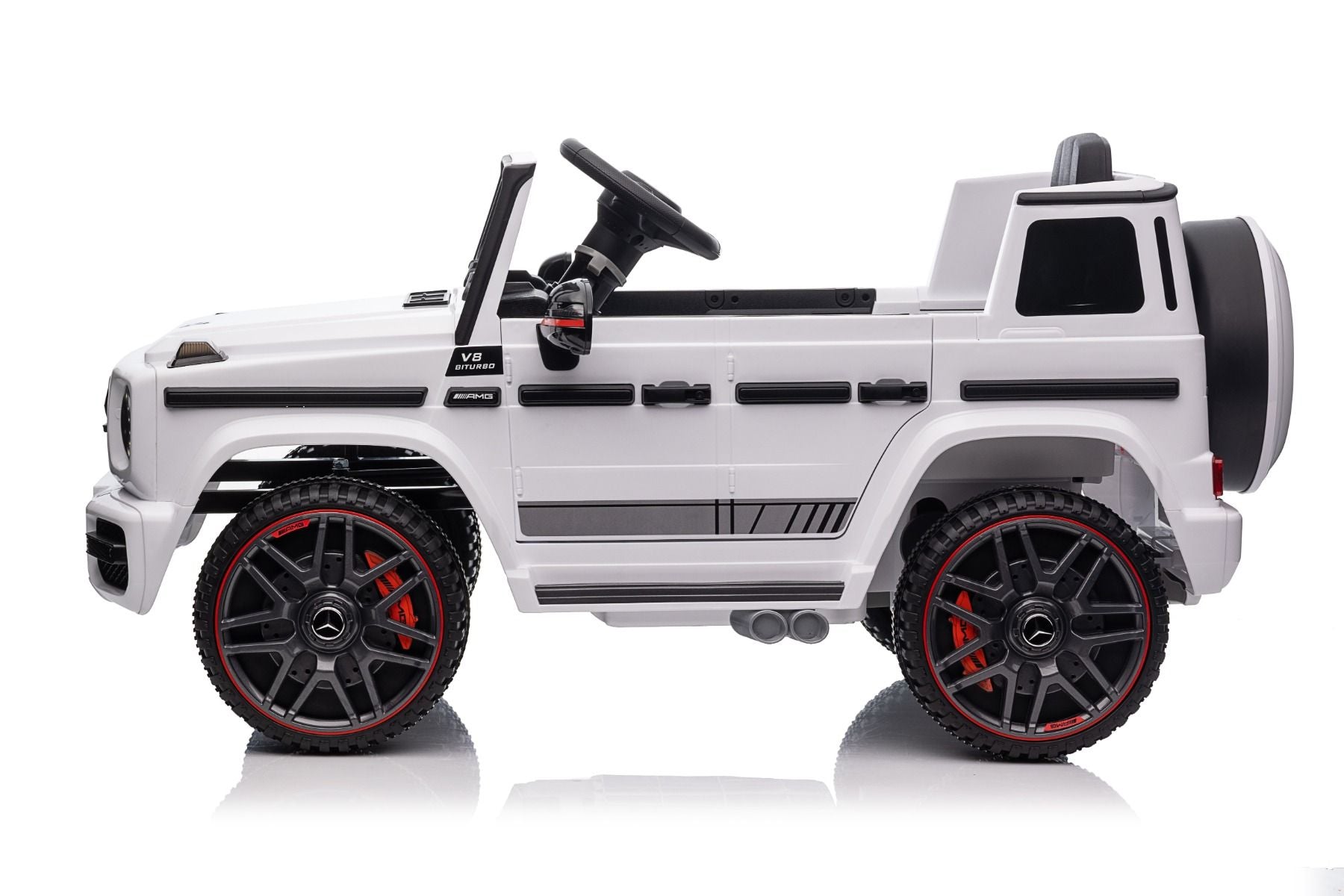 Voiture électrique enfants 12V Mercedes AMG G63 neuve, blanc, avec licence d'origine, porte à batterie, ouverture par des portes, monoplace, 2x moteur, batterie 12 V, télécommande de 2,4 Ghz, suspension arrière, démarrage en douceur