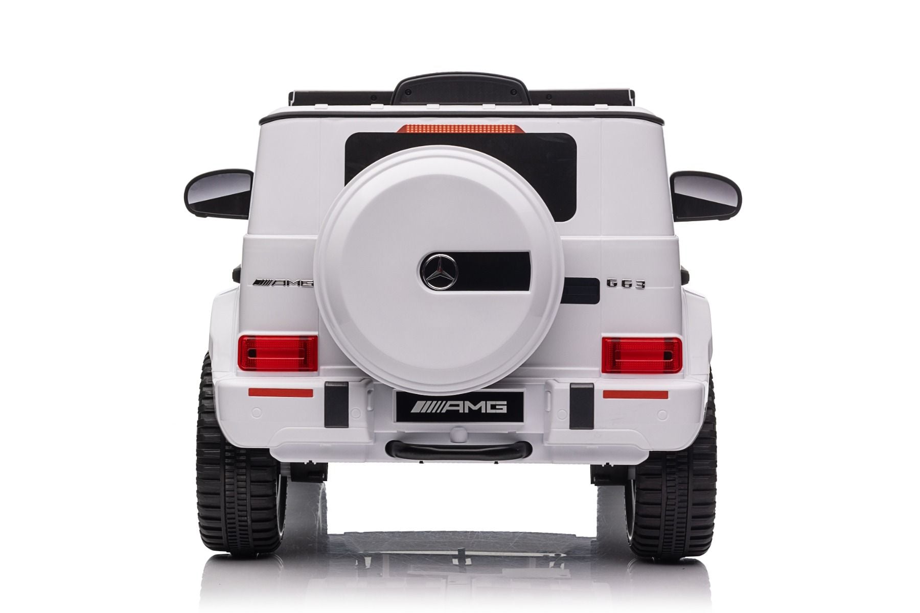 Voiture électrique enfants 12V Mercedes AMG G63 neuve, blanc, avec licence d'origine, porte à batterie, ouverture par des portes, monoplace, 2x moteur, batterie 12 V, télécommande de 2,4 Ghz, suspension arrière, démarrage en douceur