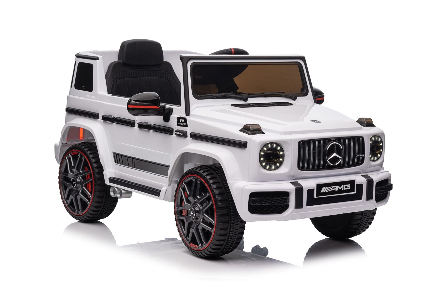 Voiture électrique enfants 12V Mercedes AMG G63 neuve, blanc, avec licence d'origine, porte à batterie, ouverture par des portes, monoplace, 2x moteur, batterie 12 V, télécommande de 2,4 Ghz, suspension arrière, démarrage en douceur