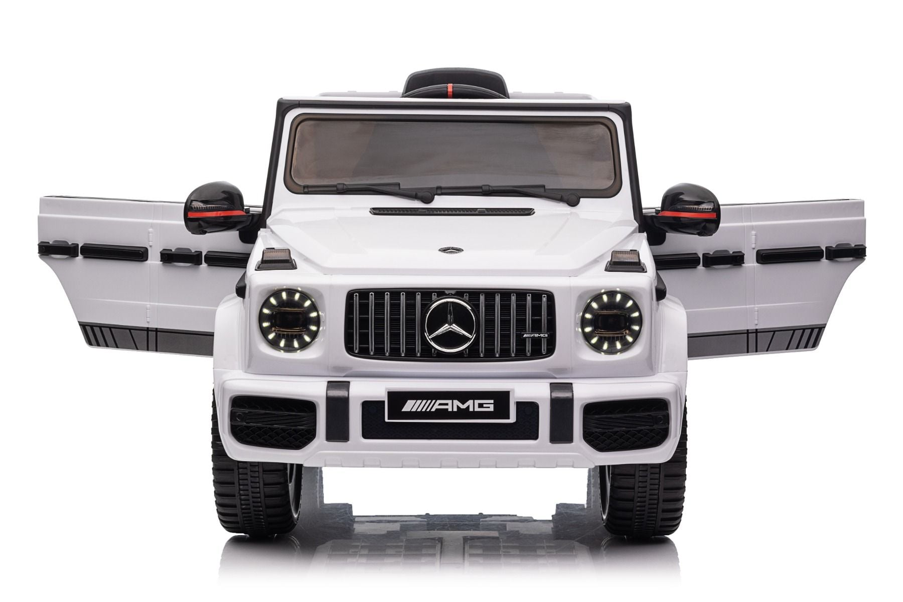 Voiture électrique enfants 12V Mercedes AMG G63 neuve, blanc, avec licence d'origine, porte à batterie, ouverture par des portes, monoplace, 2x moteur, batterie 12 V, télécommande de 2,4 Ghz, suspension arrière, démarrage en douceur