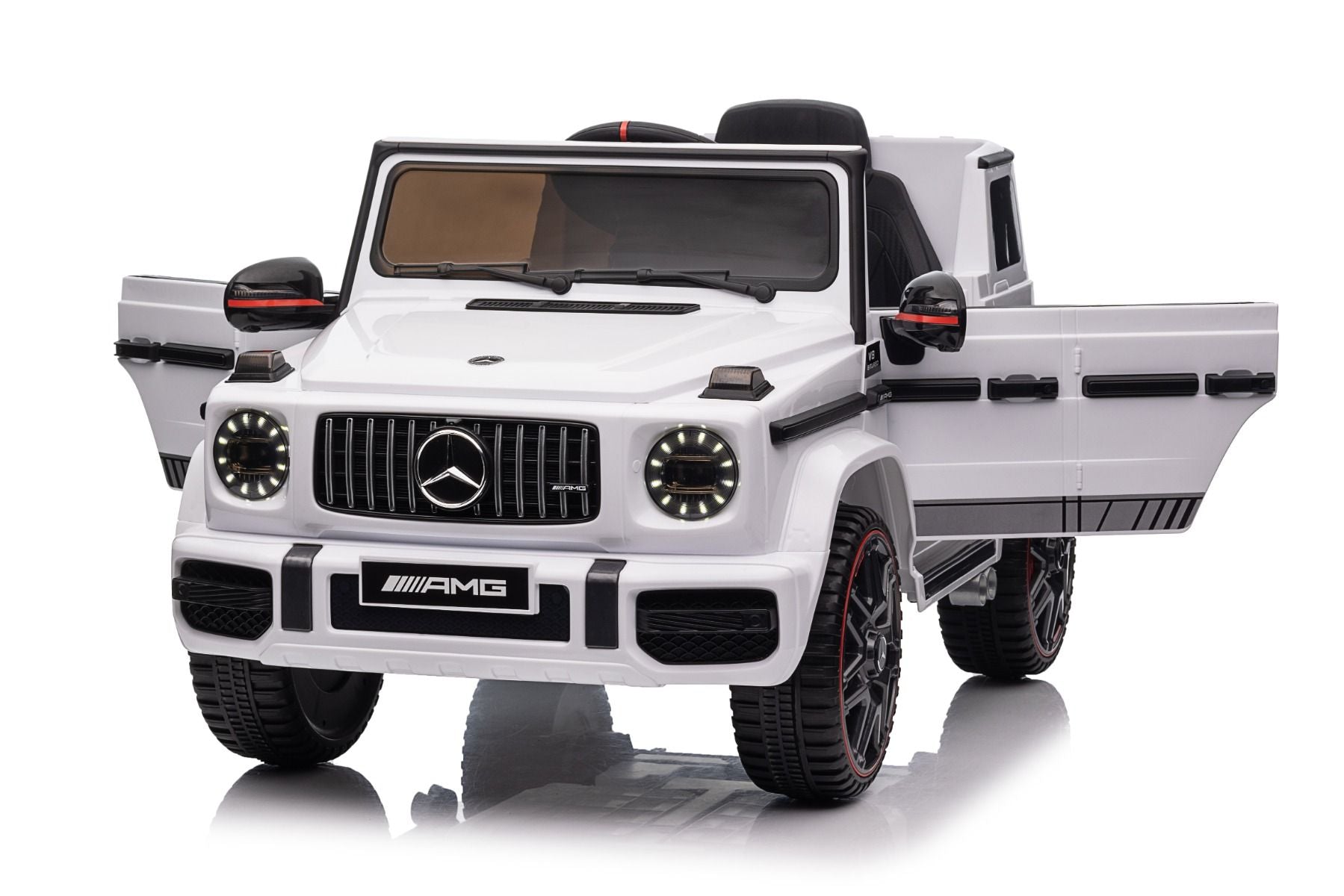Voiture électrique enfants 12V Mercedes AMG G63 neuve, blanc, avec licence d'origine, porte à batterie, ouverture par des portes, monoplace, 2x moteur, batterie 12 V, télécommande de 2,4 Ghz, suspension arrière, démarrage en douceur