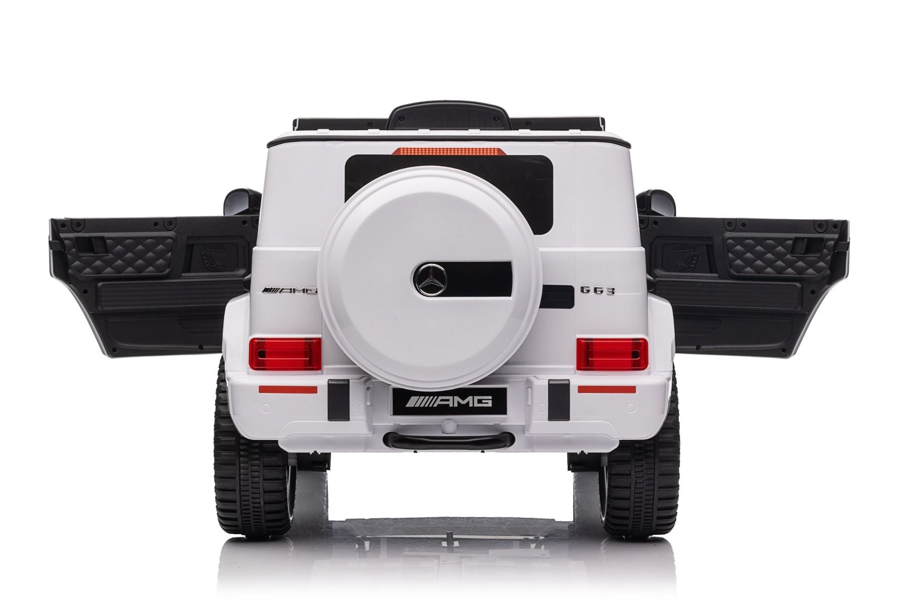 Voiture électrique enfants 12V Mercedes AMG G63 neuve, blanc, avec licence d'origine, porte à batterie, ouverture par des portes, monoplace, 2x moteur, batterie 12 V, télécommande de 2,4 Ghz, suspension arrière, démarrage en douceur
