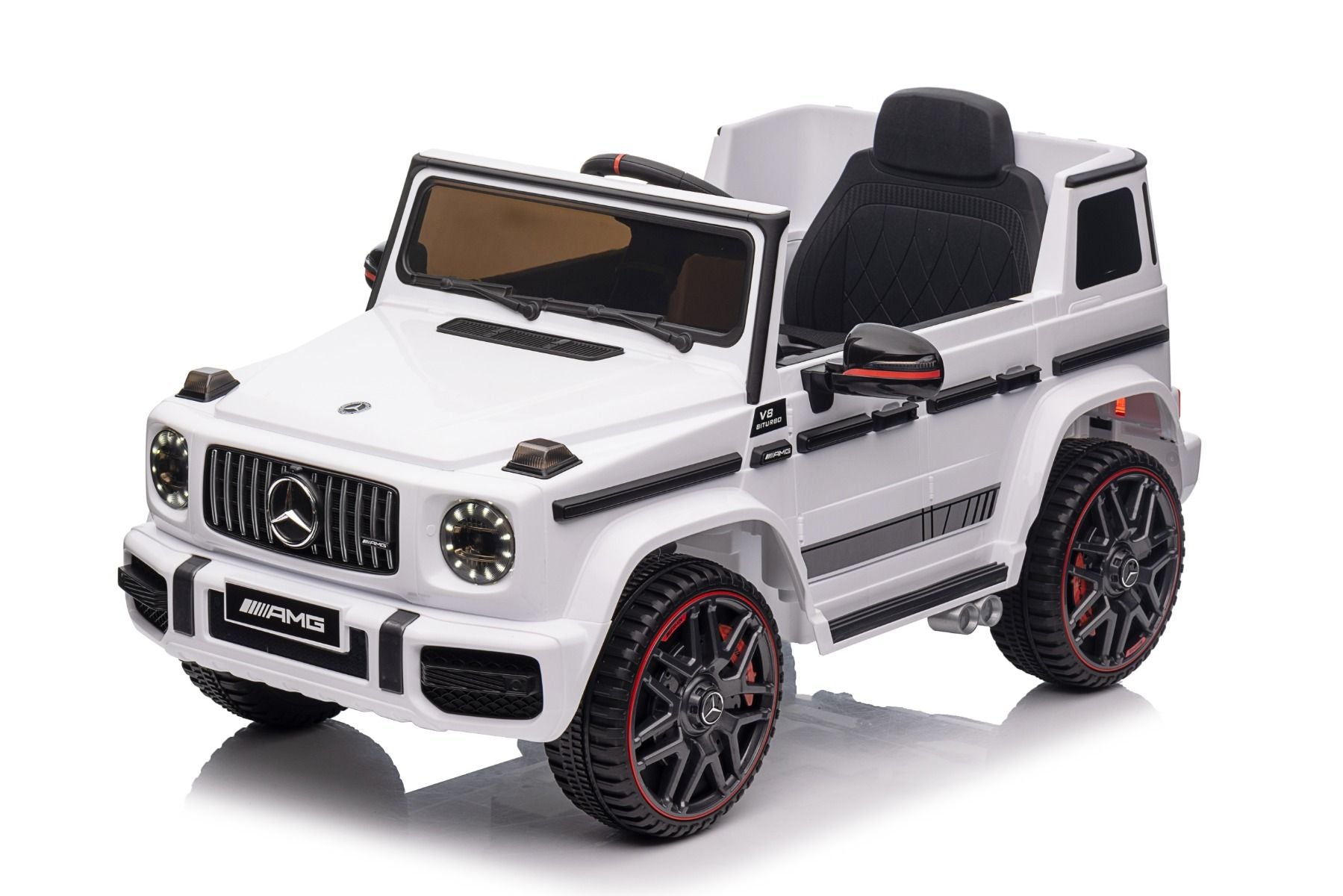 Voiture électrique enfants 12V Mercedes AMG G63 neuve, blanc, avec licence d'origine, porte à batterie, ouverture par des portes, monoplace, 2x moteur, batterie 12 V, télécommande de 2,4 Ghz, suspension arrière, démarrage en douceur