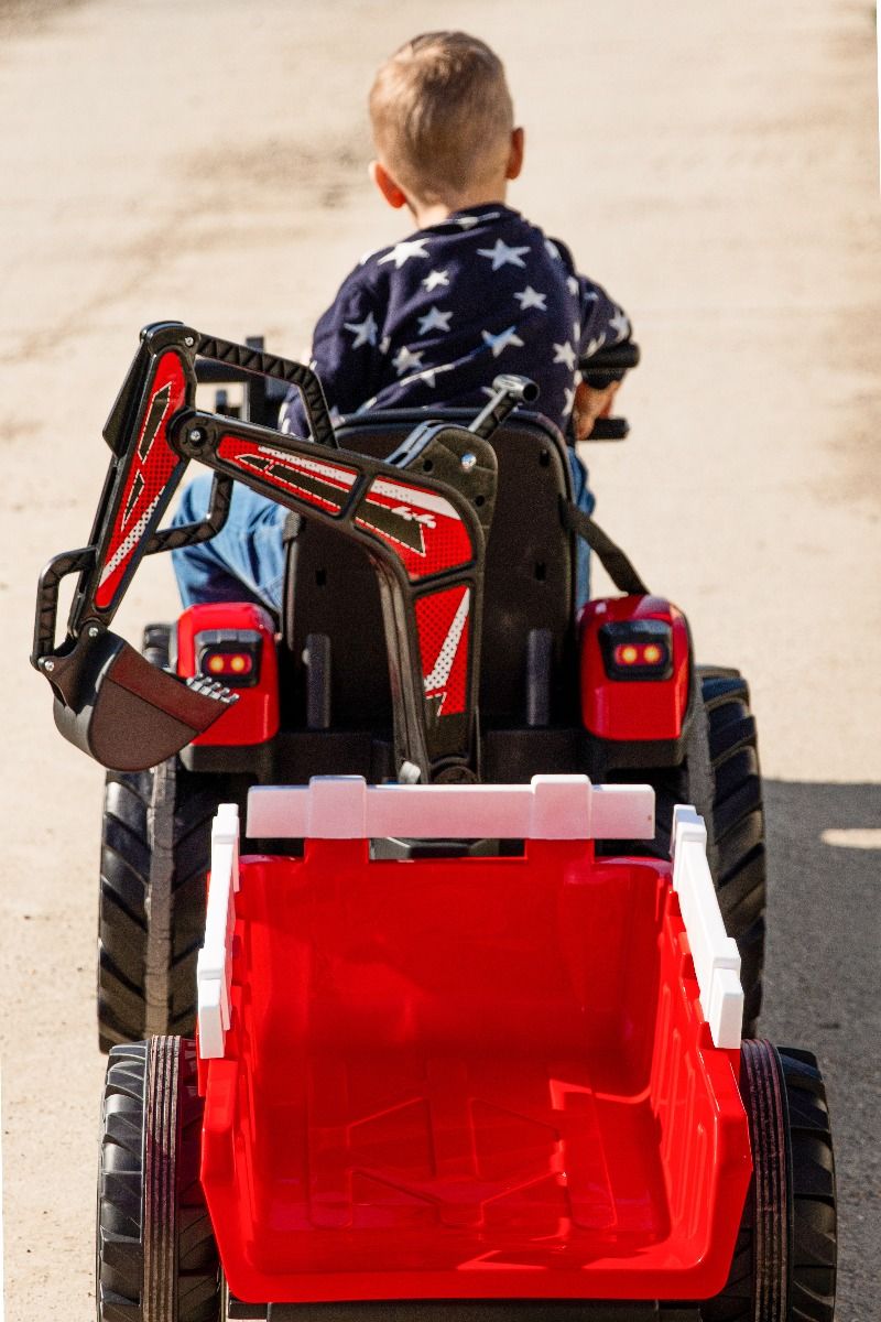 Tracteur électrique 12V TOP-WORKER avec louches et remorque, Monoplace, rouge, Télécommande 2.4Ghz, Moteur 2 x 45W