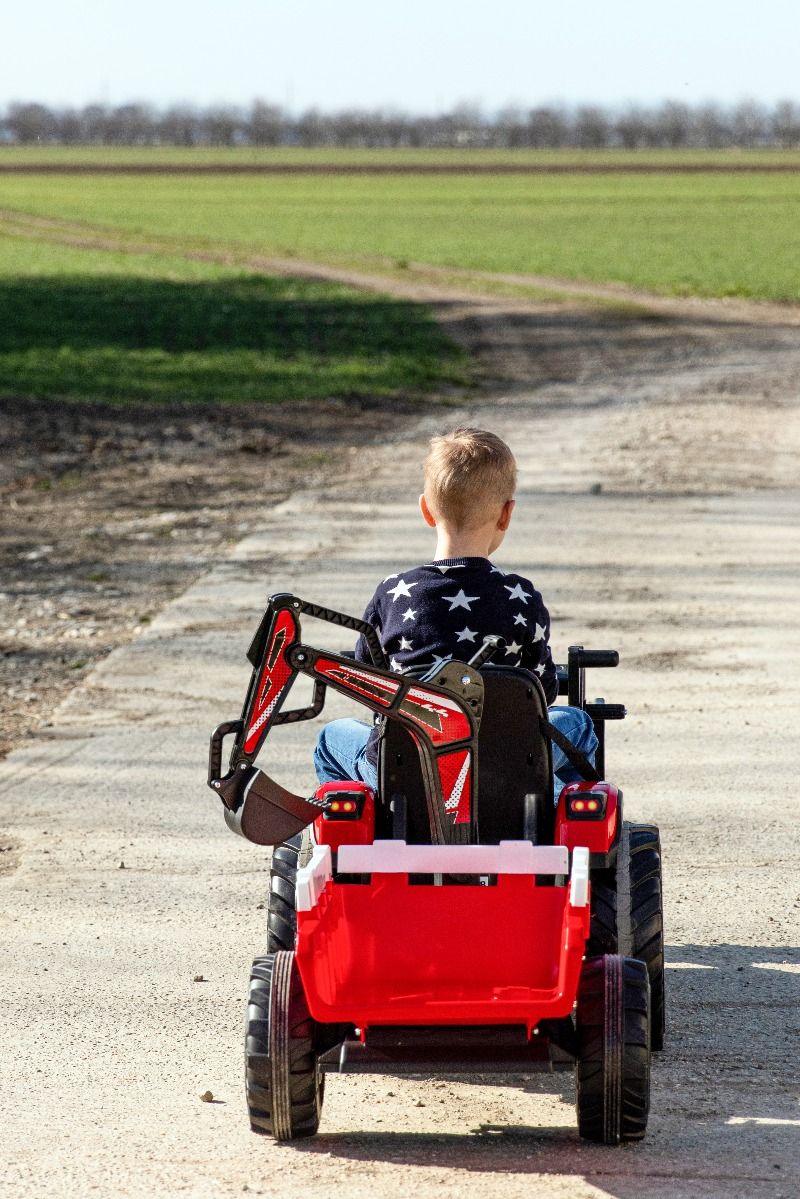 Tracteur électrique 12V TOP-WORKER avec louches et remorque, Monoplace, rouge, Télécommande 2.4Ghz, Moteur 2 x 45W