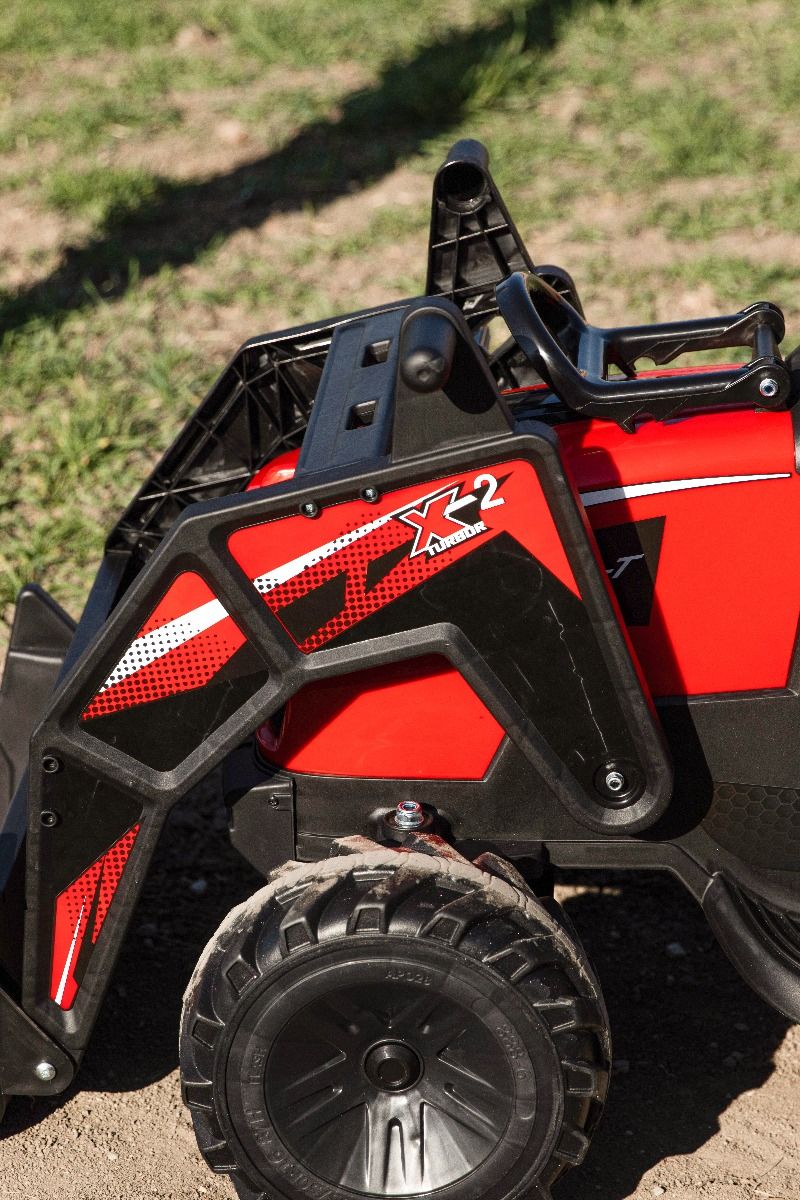 Tracteur électrique 12V TOP-WORKER avec louches et remorque, Monoplace, rouge, Télécommande 2.4Ghz, Moteur 2 x 45W