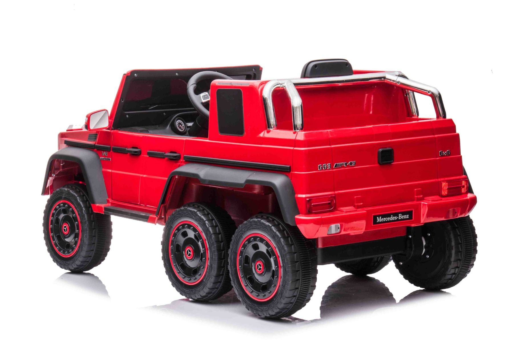 Voiture électrique à conducteur porté Mercedes-Benz G63 AMG 6X6, Monoplace,rouge, 6 Roues avec suspension indépendante, Entraînement 2 moteurs 45W, Batterie 12V10AH, Roues et siège en plastique, Télécommande, Licenced