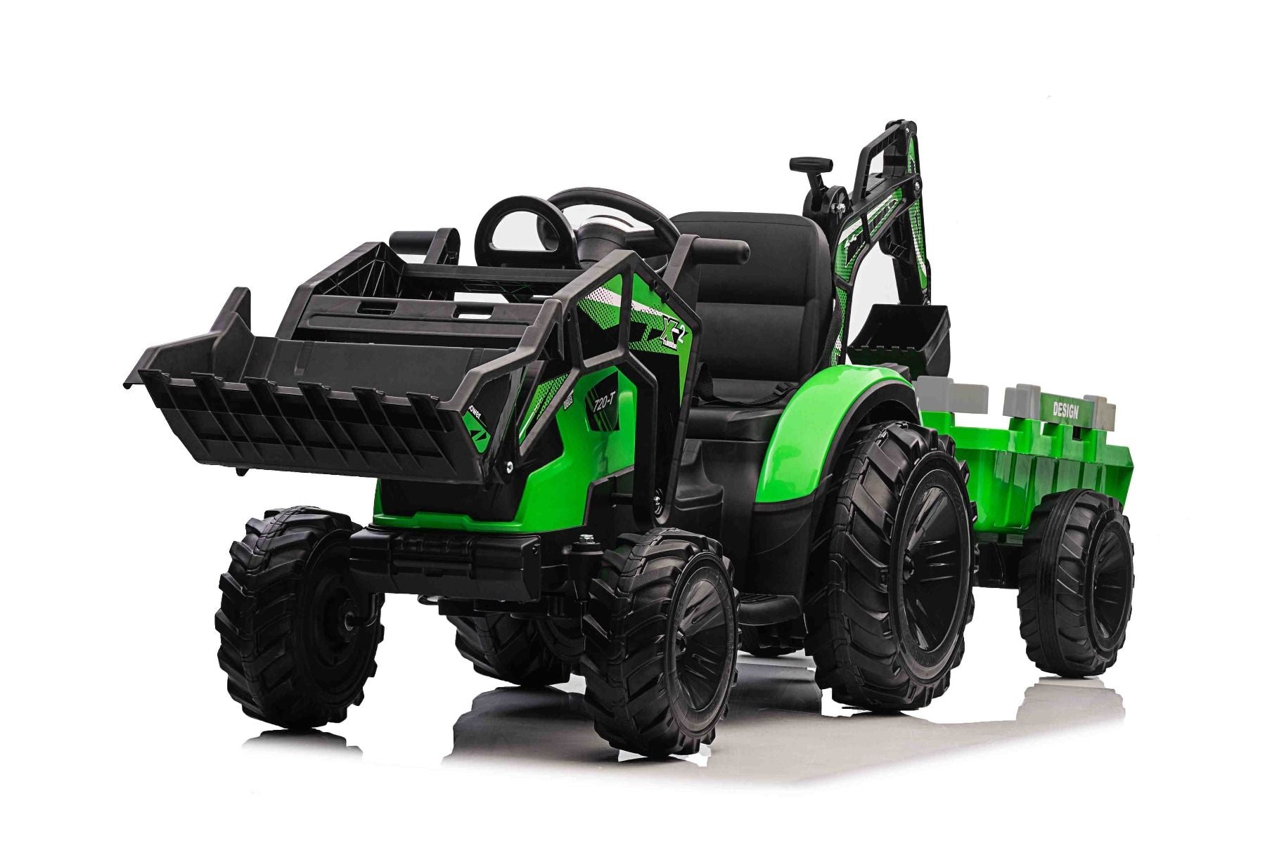 Tracteur électrique 12V TOP-WORKER avec louches et remorque, Monoplace, vert, Télécommande 2.4Ghz, Moteur 2 x 45W