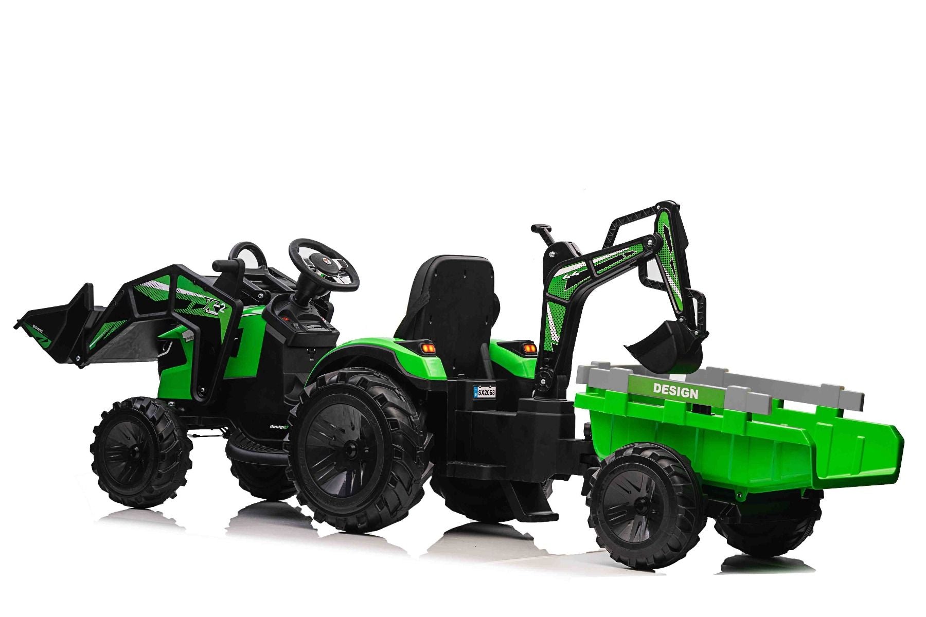 Tracteur électrique 12V TOP-WORKER avec louches et remorque, Monoplace, vert, Télécommande 2.4Ghz, Moteur 2 x 45W