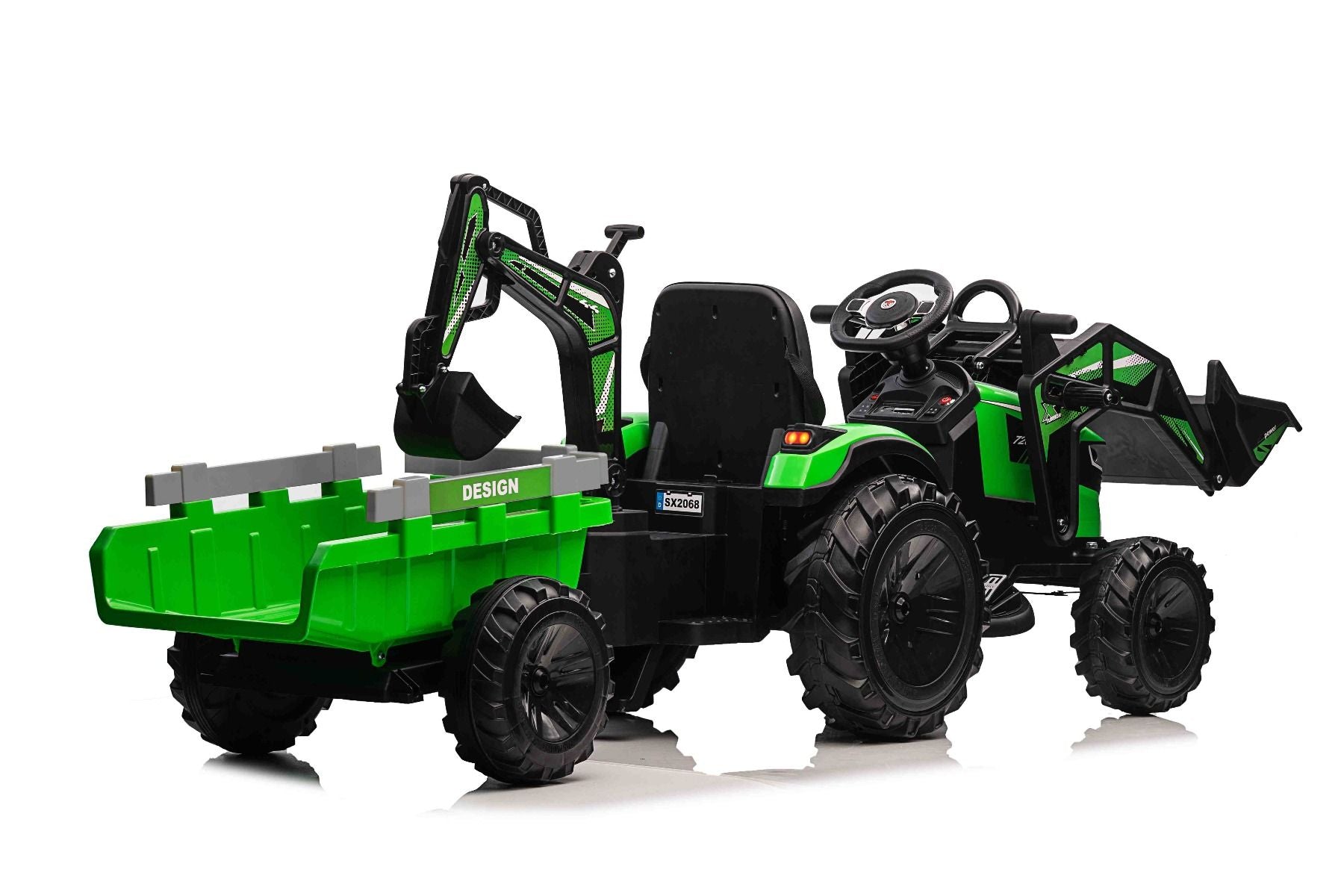 Tracteur électrique 12V TOP-WORKER avec louches et remorque, Monoplace, vert, Télécommande 2.4Ghz, Moteur 2 x 45W