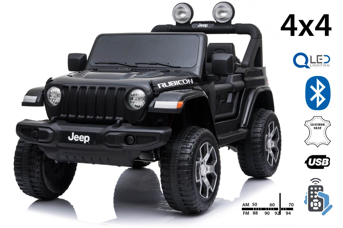 4x4 Voiture electrique enfant 12V JEEP Wrangler, noir, Siège double en similicuir, Radio avec entrée Bluetooth et USB, Transmission 4x4, Batterie 12V10Ah, Roues EVA, Suspension de l'essieu arrière, Télécommande 2,4 GHz, Licence