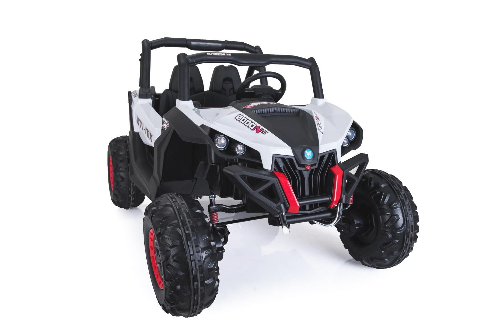 Voiture electrique enfànt 2 places 2x12V, NEUF RSX buggy electrique 4x4, blanc - 2.4Ghz, 4 X MOTEUR, télécommande, deux places, clé de contact, roues en EVA souple, USB, carte SD