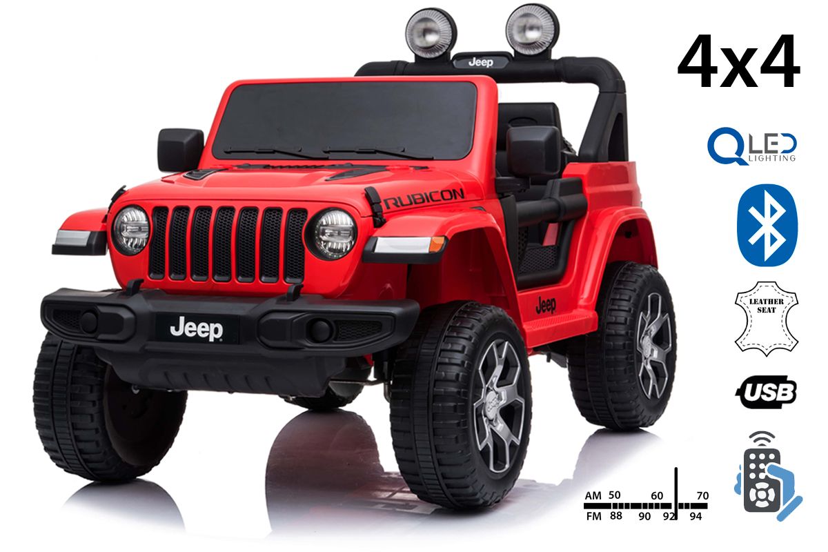 4x4 Voiture electrique enfant 12V JEEP Wrangler, rouge, Siège double en similicuir, Radio avec entrée Bluetooth et USB, Transmission 4x4, Batterie 12V10Ah, Roues EVA, Essieux de suspension, Télécommande 2,4 GHz, Licence