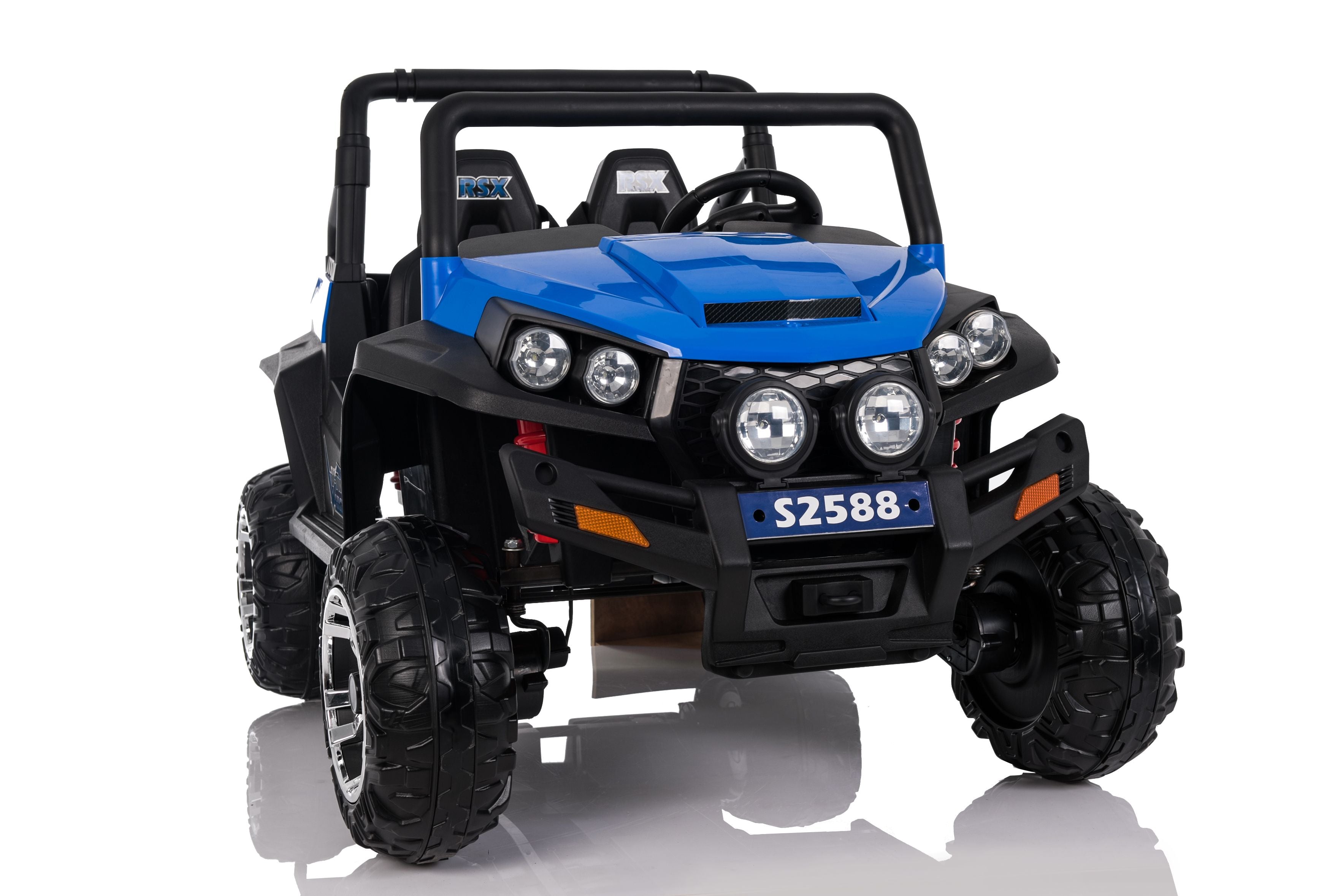 Buggy electrique enfànt 2 places 12V RSX BLEU 4 X MOTEUR, 4x4 Voiture electrique enfants 12V avec télécommande 2.4Ghz, clé de contact, roues en EVA souple, USB, carte SD