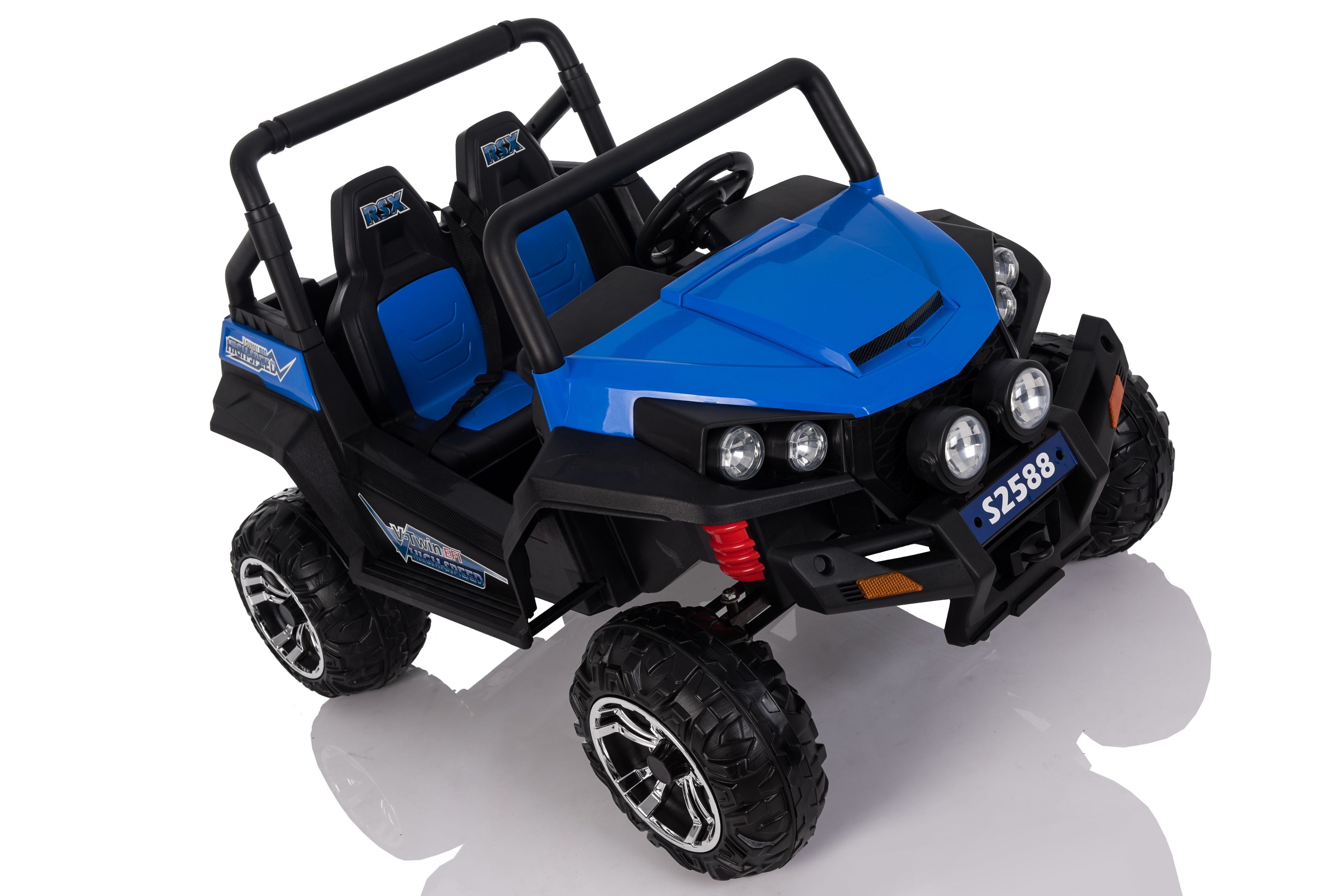 Buggy electrique enfànt 2 places 12V RSX BLEU 4 X MOTEUR, 4x4 Voiture electrique enfants 12V avec télécommande 2.4Ghz, clé de contact, roues en EVA souple, USB, carte SD