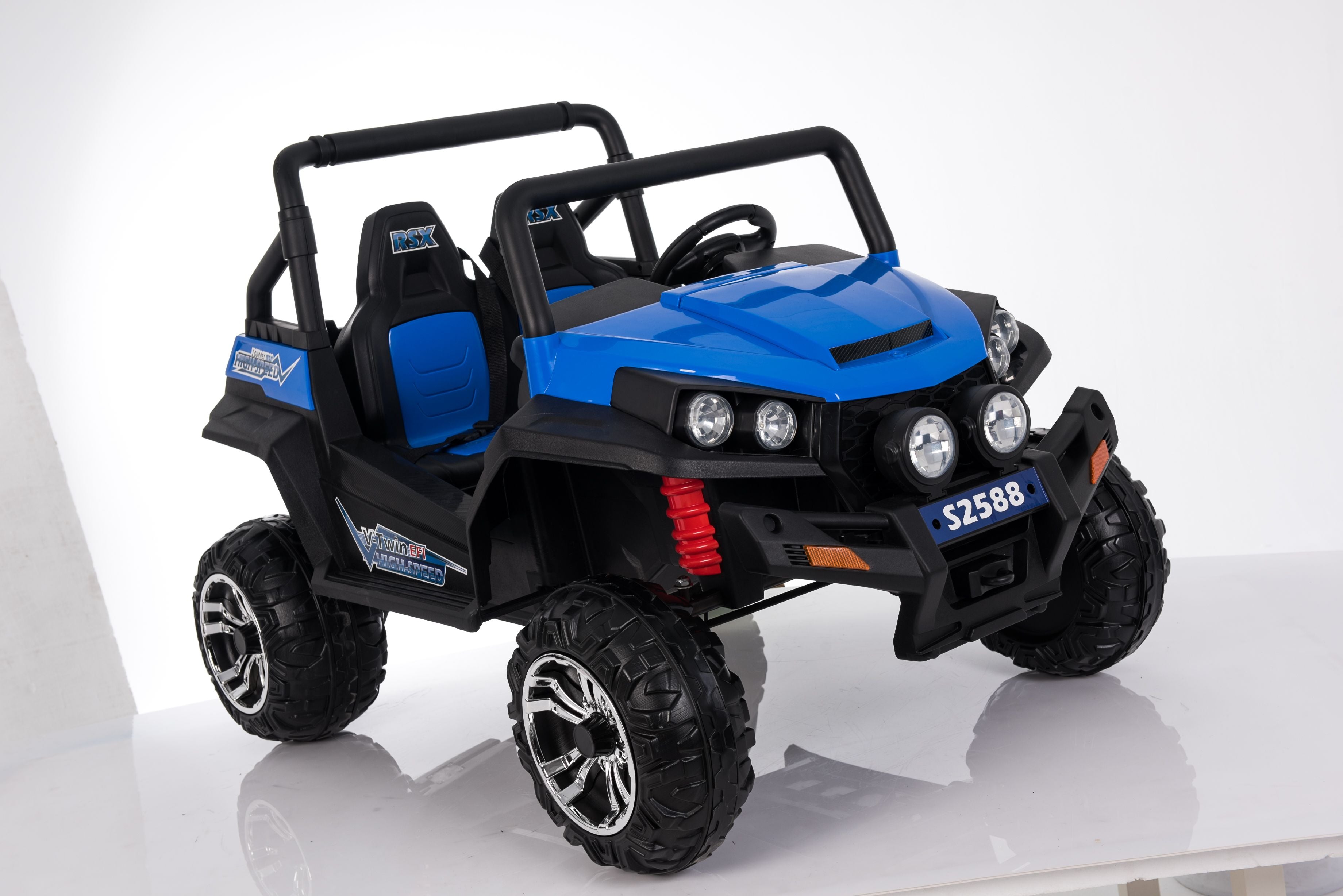 Buggy electrique enfànt 2 places 12V RSX BLEU 4 X MOTEUR, 4x4 Voiture electrique enfants 12V avec télécommande 2.4Ghz, clé de contact, roues en EVA souple, USB, carte SD