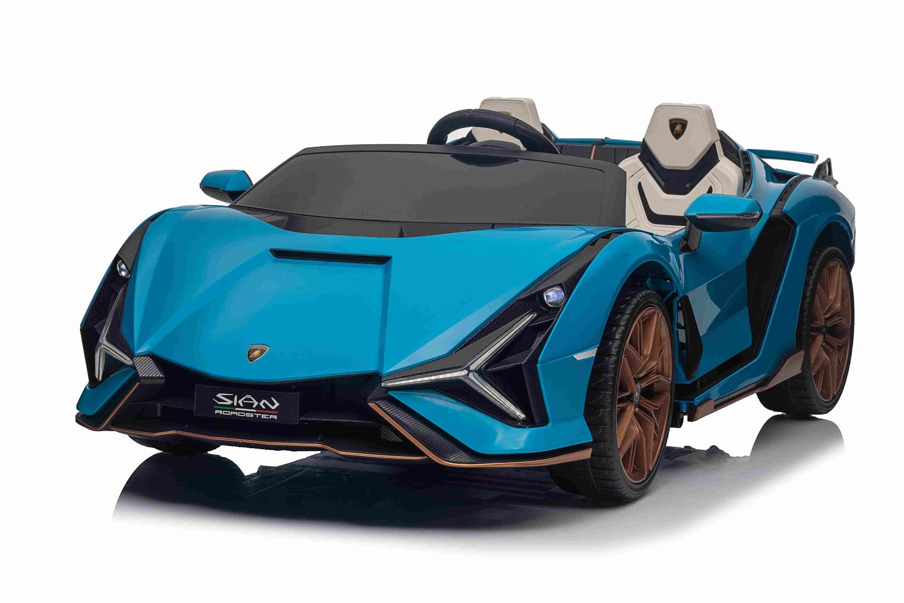 Voiture électrique porteur Lamborghini Sian 4X4, bleue, 12V, télécommande 2,4 GHz, entrée USB / AUX, Bluetooth, suspension, portes à ouverture verticale, roues souples en EVA, lumières LED, licence ORIGINALE